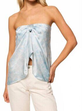 NWT MISA Los Angeles Lt Blue White (Item-41) Floral Satin Strapless Pixie Top M